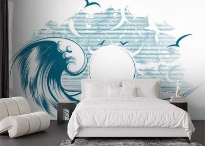 Big wave and island engraving sketch Wall mural