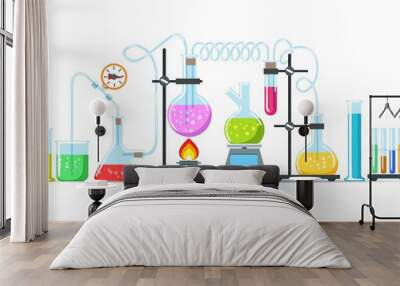 Chemistry lab equipment. Flasks, beakers and burner science instruments on white, vector chemical or biological research processing Wall mural