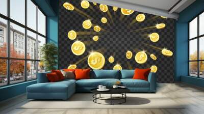 Gold money explosion. Shiny cash dollar coins explosion on transparent background, casino winner rain vector illustration Wall mural