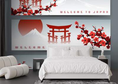 Horizontal banners with blossoming sakura, fuji mountain and japan torii door or asian art cards with chinese gate vector illustration Wall mural