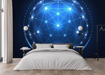 Internet data vector connection concept. Globe network sphere of cyber world technology blue background Wall mural