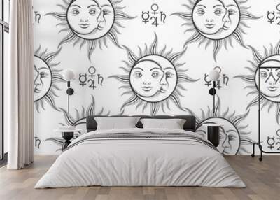 Mystical seamless pattern with alchemy elements and sun and moon. Vector illustration Wall mural