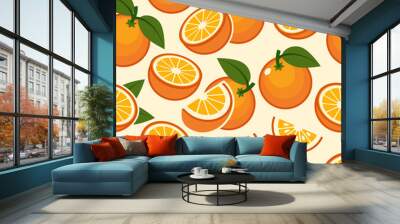 Orange fruit pattern. Sweet sweet vintage beautiful citrus seamless background with yellow juicy oranges vector illustration Wall mural