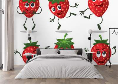 Strawberry characters. Cute fruit funny berry cartoon mascot on white background, vector icons Wall mural