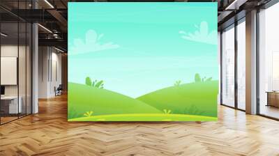 green grass barbeque grill at park or forest trees and bushes flowers scenery background , nature lawn ecology peace vector illustration of forest nature happy funny  picnic cartoon style landscape Wall mural