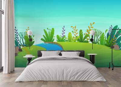 green grass lawn with river at park or forest trees and bushes flowers scenery background , nature lawn ecology peace vector illustration of forest nature happy funny cartoon style landscape Wall mural