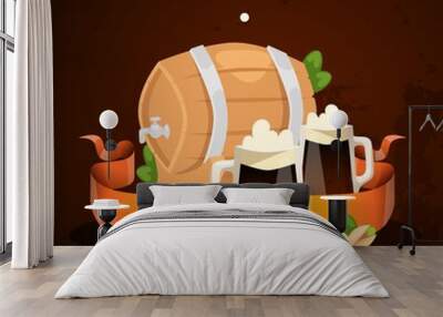 Beer in beerhouse brewery vector beermug beerbottle and dark ale illustration backdrop of beerbarrel in bar on beery alcohol party background banner Wall mural