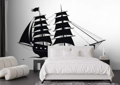 Black silhouette tall ship sails sea journey adventure. Sailing vessel ocean travel nautical theme graphic. Pirate ship illustration dark maritime antique boat isolated white background Wall mural