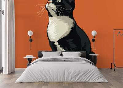 Black white tuxedo cat sits, looking upward, orange background. Detailed fur, whiskers, bright eyes, pet illustration. Domestic feline, attentive pose, animal graphic Wall mural