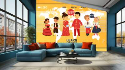 Children nationalities vector web page kids characters in traditional costume national dress of China Ukraine Spain culture illustration backdrop of multicultural different languages background Wall mural