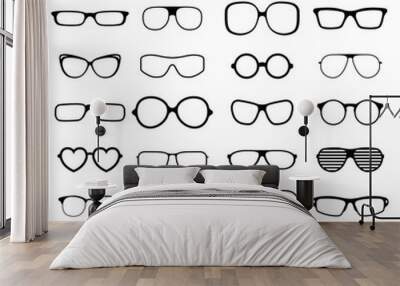 Collection various styles of fashion glasses solid black silhouette vector.  Wall mural