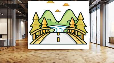 Colorful cartoon vector illustration mountain landscape. Road leading towards mountains, pine trees, bridge across river, happy clouds sky. Outdoor scene travel road trip adventure graphic Wall mural