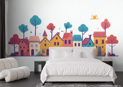 Colorful illustration quaint small town street cheerful cozy houses autumn trees. Sunset pastel colors peaceful neighborhood flat design. Residential calm village warm fall season clear sky Wall mural