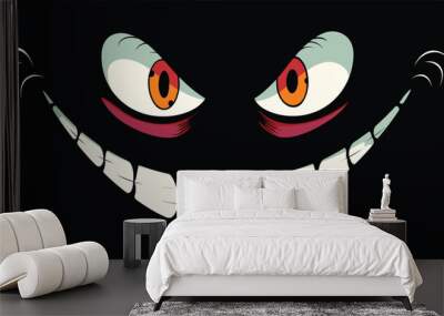 Creepy smile cartoon face, red eyes menacing grin. Scary Cheshire Cat impression dark background. Malevolent expression, mischievous character graphic design Wall mural