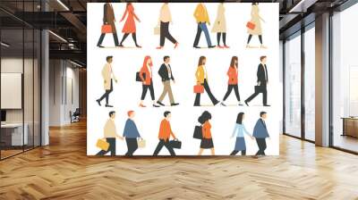 Diverse group individuals walking, varied ethnicities, genders depicted. Professionals going about their day, men suits, women dresses heels. Flat design style, side view people move Wall mural