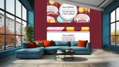 Donut vector doughnut business card food glazed sweet dessert with sugar chocolate in bakery illustration backdrop set of colorful backed dough with icing background business-card Wall mural