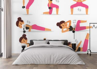 Fitness girl woman sport exercise vector character workout beautiful athlete. Women sport exercise lifestyle training female. Workout fit young adult active women sport exercise body person gym Wall mural