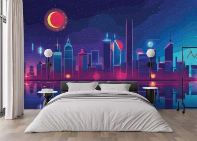 Futuristic cityscape neon colors reflected water surface. Night skyline stars cosmic sky large moon futuristic architecture. Vibrant hues illuminated urban skyline city illustration Wall mural