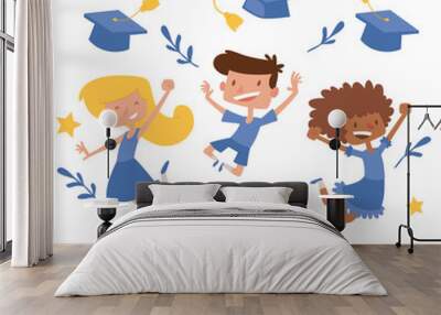 Graduation kids celebration with joy banner vector illustration. Diversity school kids jumping for joy and tossing their graduation caps in the air. Celebrating graduate day. Wall mural