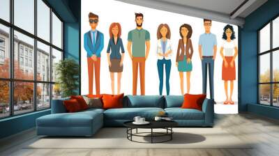 Group diverse cartoon people standing side side, smiling confidently, dressed casual business attire. Professional male female characters, various ethnicities, office team, fulllength portrait Wall mural