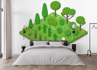 Isometric vector green tree set on field background illustration.  Wall mural