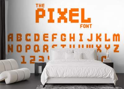 Pixel retro font video computer game design 8 bit letters numbers electronic futuristic style vector abc typeface digital creative alphabet isolated Wall mural