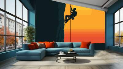 Silhouetted climber ascending rocky cliff against sunset background. Adventurous spirit conquering mountain peak during golden hour. Extreme sports enthusiast engaging rock climbing dusk Wall mural