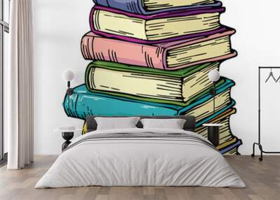 Stack colorful books cartoon style, education reading concept. Piled books various colored covers spines, handdrawn illustration. Vibrant stack library bookstore graphic Wall mural