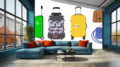 Travel tourism fashion baggage or luggage vacation handle leather big packing briefcase and voyage destination case bag on wheels vector illustration. Wall mural