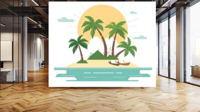 Tropical island cartoon graphic showing palm trees, boat, sun. Flat design illustration paradise island, summer, vacation concept. Serene beach landscape, travel, tourism background Wall mural