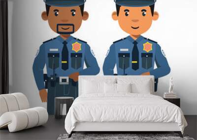 Two cartoon police officers standing confidently, one African American one Caucasian. Both male policemen wear blue uniforms, displaying badges, duty belts, serious expressions. Illustration conveys Wall mural