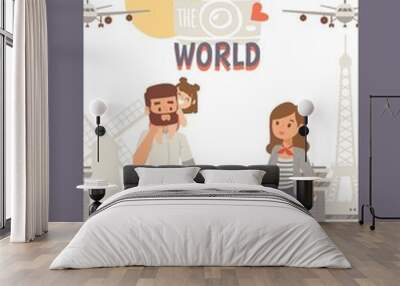 Vacation with family, see world poster vector illustration. Travel tour at Europe, city landmark background. Young couple with kids at happy summer journey around world. Airplane, mill and Eiffel Wall mural