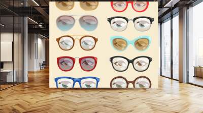 vector cartoon glasses face eyes cartoon eyeglass frame or sunglasses in shapes and accessories for hipsters fashion optical framing spectacles eyesight view set illustration isolated on background Wall mural