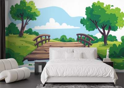 Wooden bridge damaged over tranquil stream scenic natural landscape. Broken planks missing lush greenery cartoon style design. Serene outdoor scene park environment wooden architecture disrepair Wall mural