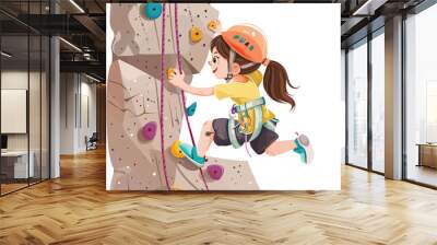 Young girl climbing rock wall, focused determined, wearing helmet harness. Child engaged indoor rock climbing, expressing joy excitement. Cartoon illustration kid doing sport climbing, safety rope Wall mural