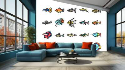 Aquarium Fish Tropical Animal Icons Set Vector. Angelfish And Rainbowfish, Danios And Gourami, Cory Catfish And Tetras Exotic Decorative Aquarium Fish. Underwater Life Color Illustrations Wall mural