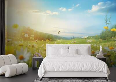 scene nature flora sunny countryside illustration meadow flower, plant outdoor, landscape grass scene nature flora sunny countryside Wall mural