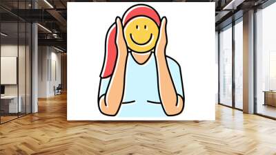 woman holding emoticon smiling color icon vector. woman holding emoticon smiling sign. isolated symbol illustration Wall mural