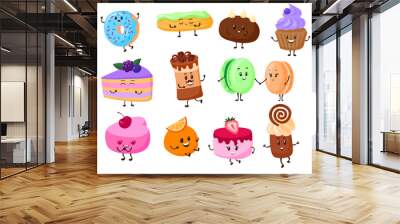 Cake dessert cartoon characters vector illustration. Sweet funny pastry food set. Confectionery products cupcake, macaron and donut standing and dancing isolated on white background. Wall mural