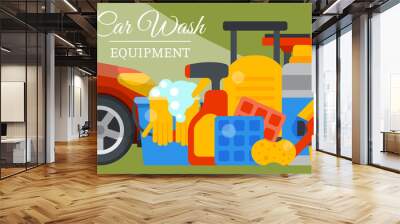 Car wash banner water transport cleaner background vector illustration. Washer car shower washing service auto vehicle cleaner station. Transportation care business concept. Wall mural