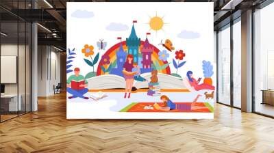 Family fantasy by story book, vector illustration. Literature for children, girl, kid happy child character. People read book, childhood reading and cartoon young imagination about fairy tale. Wall mural