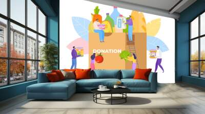 Food charity community, volunteer donate product, vector illustration. Woman man help by assistance, donation and aid concept. Social care about people, volunteering support giving to box. Wall mural