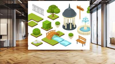 landscape garden outdoor nature elements in vector isometric park illustration isolated on white. Gardening ecology summer set with trees, bushes, bench and bridge. Gardening alcove, lantern, fence Wall mural