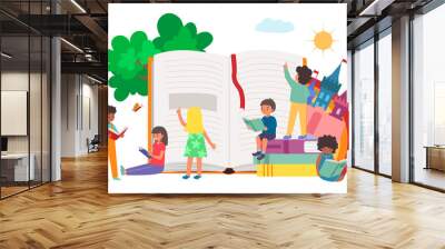 Little cheerful children together read book and textbook, child boy, girl sitting educational booklet flat vector illustration, isolated on white. Wall mural