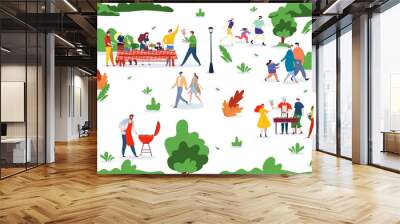 People bbq picnic at nature together, vector illustration. Character man woman eat food at park, cook meat, couple walk and rollerblading family. Group at large table have fun at weekend. Wall mural