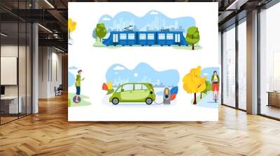 People riding electric transport in modern city, commuter rail train and tram, vector illustration. Eco friendly public transportation, urban environment. Electric car and personal transport set Wall mural