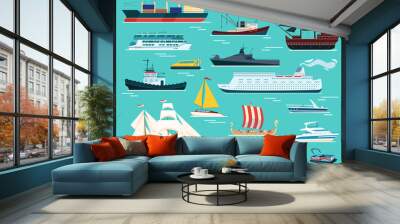 Ships and boats isolated set of vector illustrations. Shipping transport and travel vessels, sailboat, cruise liner, barge and yachts. Wall mural