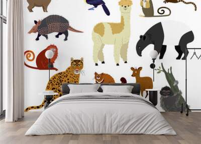 South American animal vector illustration. Cartoon armadillo, tapir, capybara, cute alpaca wild or zoo animal jungle character. Llama, jaguar in Brazilian America animalistic set isolated on white Wall mural