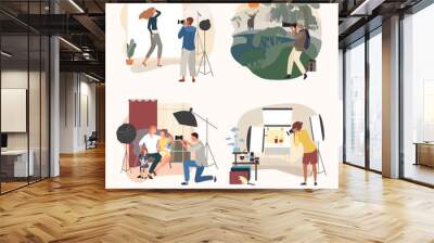 Studio or outdoor photographer vector illustration. Cartoon flat adult people with camera make photo, man woman character take angle. Studio outdoor commercial photography set isolated on white Wall mural