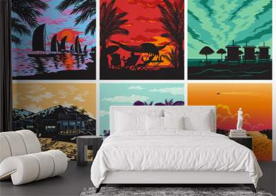 Sunset silhouette set vector sunrise Hawaii palms wave and sun tropical card logo badge summer vacation concept illustration Wall mural